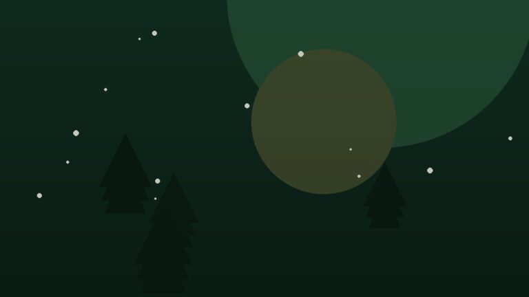 Decorative branded illustration with evergreen pine trees and snowflakes on a dark green background, representing a Deaf Santa Claus Foundation past appearance.