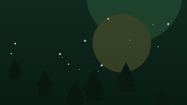 Decorative branded illustration with evergreen pine trees and snowflakes on a dark green background, representing a Deaf Santa Claus Foundation past appearance.